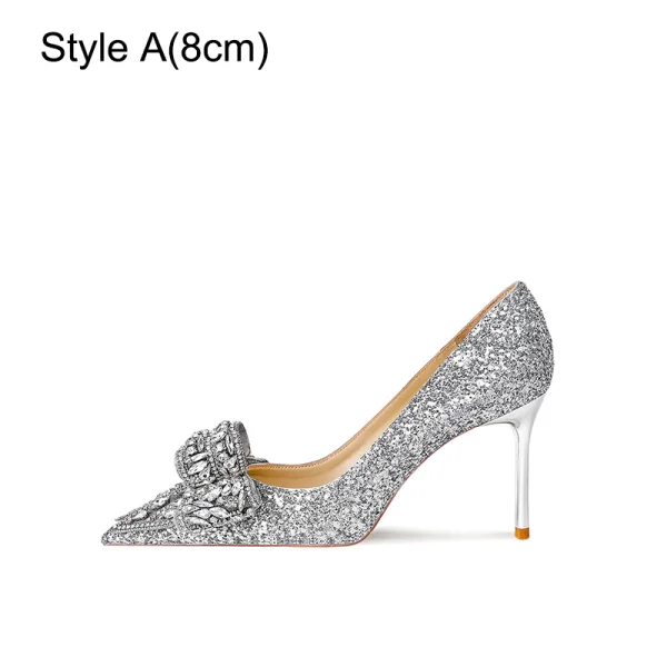Bling Bling Silver Sequins Rhinestone Bow Wedding Shoes 2023 Leather 8 cm Stiletto Heels Pointed Toe Wedding Pumps High Heels