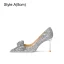 Bling Bling Silver Sequins Rhinestone Bow Wedding Shoes 2023 Leather 8 cm Stiletto Heels Pointed Toe Wedding Pumps High Heels