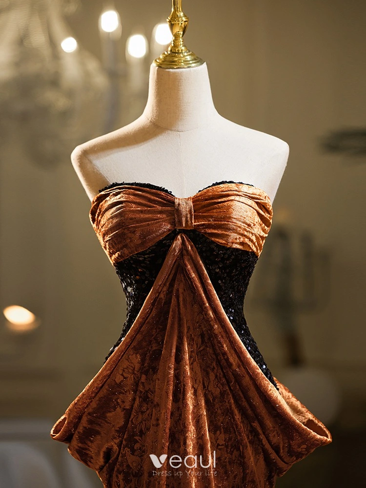 Sexy Brown Sequins Velvet Evening Dresses 2024 Trumpet Mermaid Strapless Bow Sleeveless