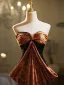 Sexy Brown Sequins Velvet Evening Dresses 2024 Trumpet / Mermaid Strapless Bow Sleeveless Backless Floor-Length / Long Evening Party Formal Dresses