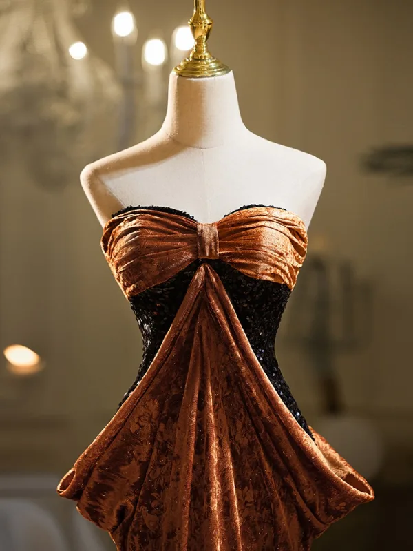Sexy Brown Sequins Velvet Evening Dresses 2024 Trumpet Mermaid Strapless  Bow Sleeveless Backless Floor Length Long Evening Party Formal Dresses