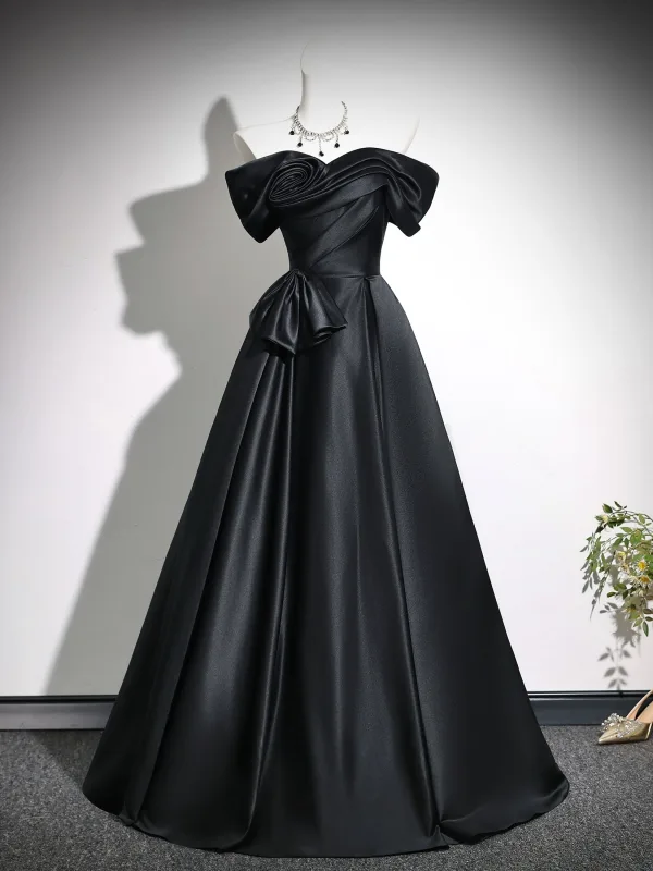 Vintage Schwarz Schleife Satin Ballkleider 2026 Ballkleid Off Shoulder Kurze Ärmel Rückenfreies Lange Festliche Kleider