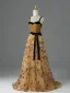 Vintage / Originale Champagne Brodé Noeud Ceinture Robe De Bal 2026 Princesse Bretelles Spaghetti Sans Manches Dos Nu Train De Balayage Robe De Ceremonie