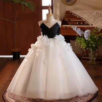 Chic Belle Noire Appliques Anniversaire Robe Ceremonie Fille 2025 Bretelles Croisées Robe Boule Bustier Sans Manches Dos Nu Train De Balayage