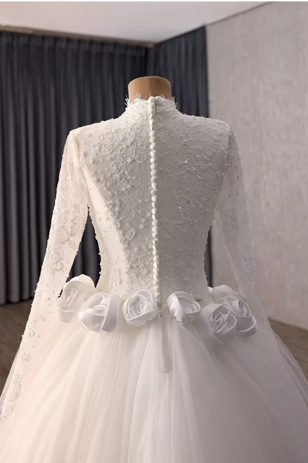 High-end Elegant White Handmade  Beading Pearl Sequins Appliques Lace Flower Wedding Dresses 2026 Trumpet / Mermaid High Neck Long Sleeve