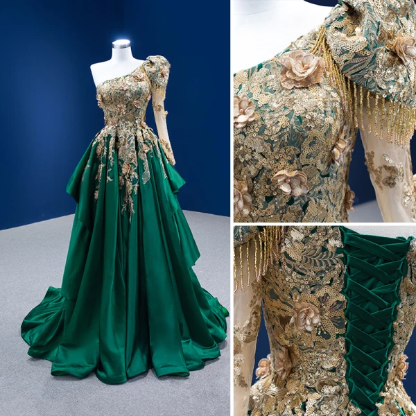 High-end Dark Green Beading Pearl Sequins Lace Flower Prom Dresses 2022 A-Line / Princess Satin One-Shoulder Long Sleeve Backless Sweep Train Prom