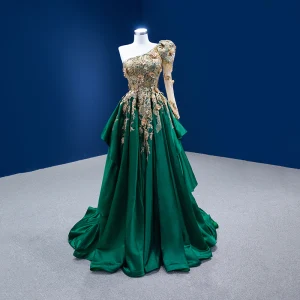 High End Dunkelgrün Perlenstickerei Perle Pailletten Spitze Blumen Ballkleider 2022 A Linie Satin One Shoulder Lange Ärmel Rückenfreies Sweep Pinsel Zug Ball
