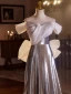 Charming Silver Sequins Prom Dresses 2024 A-Line / Princess Off-The-Shoulder Short Sleeve Backless Bow Floor-Length / Long Prom Formal Dresses