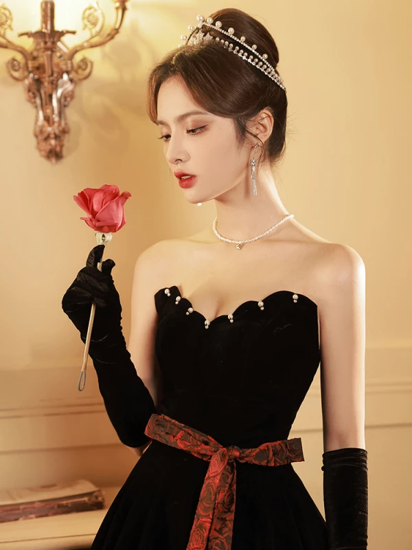 Charming Black Suede Evening Dresses 2023 A-Line / Princess Strapless Sleeveless Bow Sash Backless Floor-Length / Long Evening Party Formal Dresses