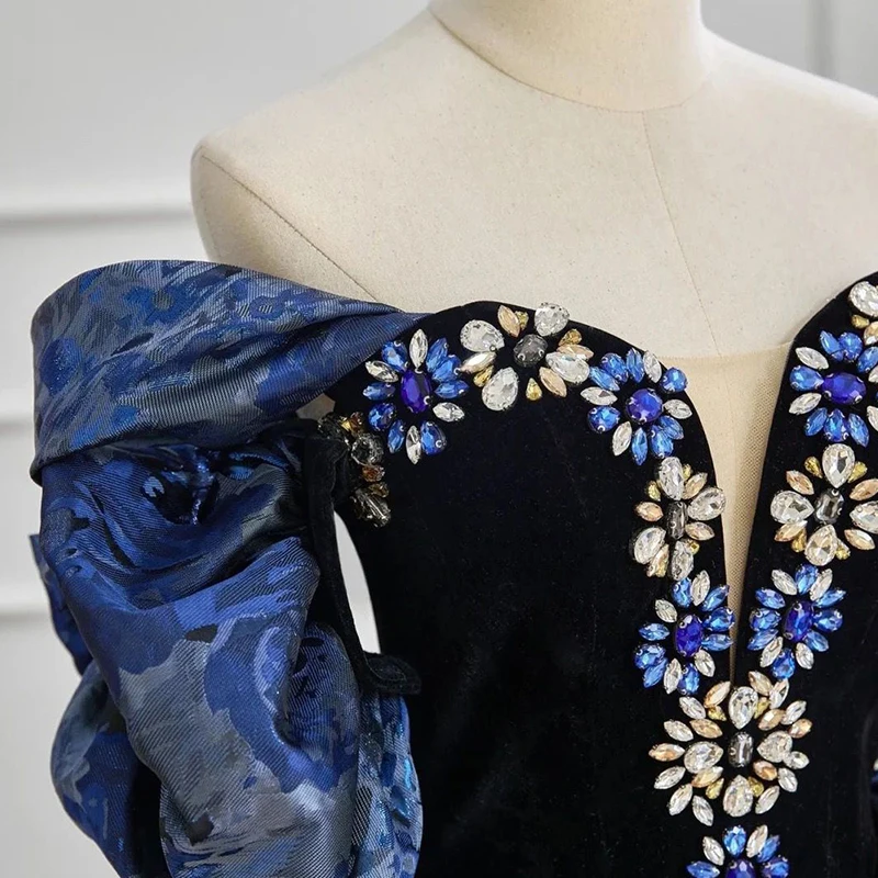 Elegant Ocean Blue Winter Printing Prom Dresses 2023 Ball Gown Off-The-Shoulder Short