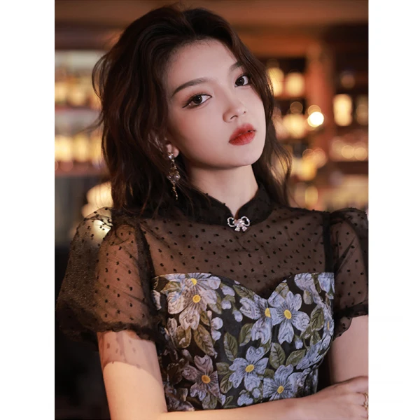 Fashion Black Spotted Printing Short Homecoming Graduation Dresses 2023 A-Line / Princess High Neck Short Sleeve Formal Dresses