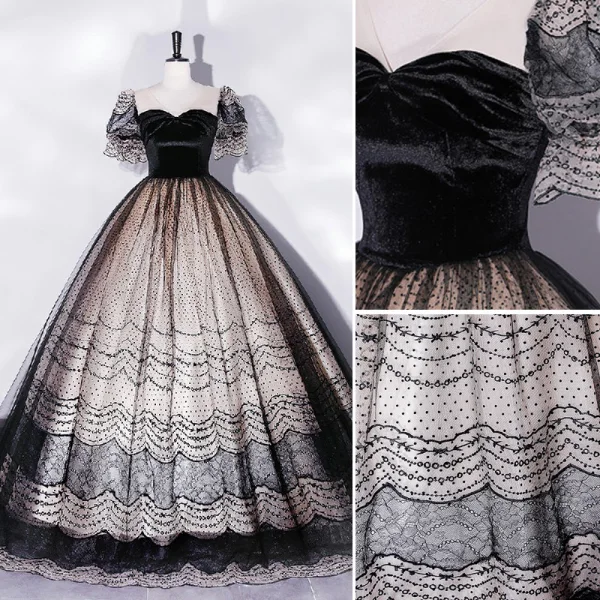 Élégant Noire Robe De Bal 2022 Robe Boule V-Cou Manches Courtes Dos Nu Longue Promo Robe De Ceremonie