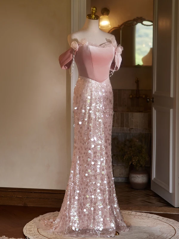 Charmant Rougissant Rose Perlage Perle Paillettes Appliques Robe De Soirée 2024 Trompette / Sirène De l'épaule Sans Manches Dos Nu Longue Soirée Robe De Ceremonie