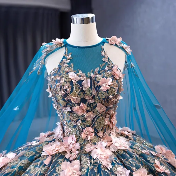 High-end Vintage / Retro Ocean Blue Handmade  Pearl Appliques Sequins Prom Dresses 2023 Ball Gown Halter Sleeveless Backless Floor-Length / Long Prom