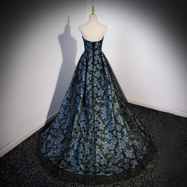 Flower Fairy Charming Printing Black Prom Dresses 2023 A-Line / Princess Strapless Sleeveless Backless Sweep Train Formal Dresses