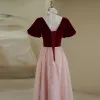 Elegant Burgundy Suede Prom Dresses 2022 A-Line / Princess Square Neckline Puffy Short Sleeve Bow Sash Backless Prom Floor-Length / Long Formal Dresses