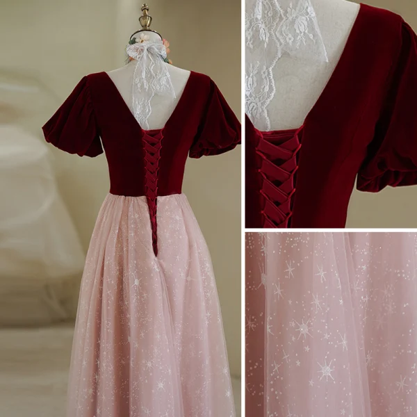 Elegant Burgundy Suede Prom Dresses 2022 A-Line / Princess Square Neckline Puffy Short Sleeve Bow Sash Backless Prom Floor-Length / Long Formal Dresses