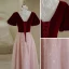 Elegant Burgundy Suede Prom Dresses 2022 A-Line / Princess Square Neckline Puffy Short Sleeve Bow Sash Backless Prom Floor-Length / Long Formal Dresses
