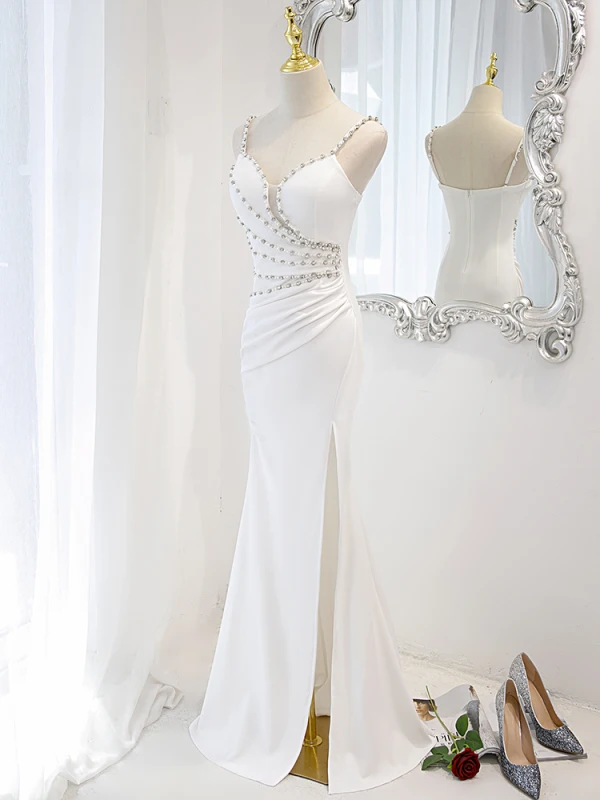 Sexy Blanche Perle Faux Diamant Fendue devant Robe De Soirée 2023 Trompette / Sirène Bretelles Spaghetti Sans Manches Dos Nu Longue Soirée Robe De Ceremonie