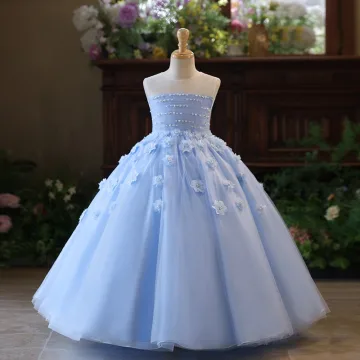 Chic Beautiful Sky Blue Pearl Appliques Birthday Flower Girl Dresses 2025 Ball Gown Scoop Neck Sleeveless Backless Floor Length Long