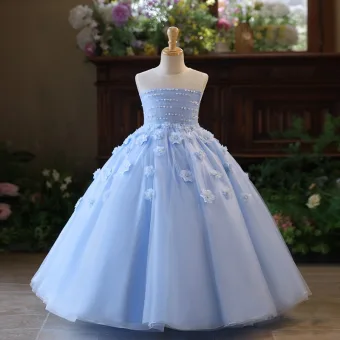 Hermoso Azul Cielo Perla Apliques Cumpleaños Vestidos Para Niñas 2025 Ball Gown Scoop Escote Sin Mangas Sin Espalda Largos