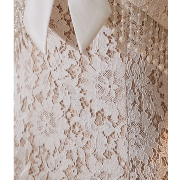 Chinese style White Lace Flower Prom Dresses 2023 A-Line / Princess High Neck Pearl Bow Short Sleeve Backless Tea-length Prom Formal Dresses