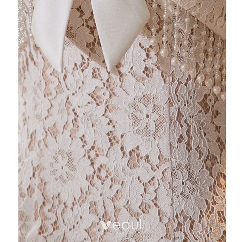 Chinese style White Lace Flower Prom Dresses 2023 A-Line Princess High Neck Pearl Bow