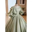 Elegant Sage Green Satin Prom Dresses 2023 Ball Gown Scoop Neck Puffy Short Sleeve Pearl Bow Backless Floor-Length / Long Prom Formal Dresses