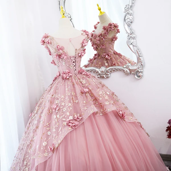 Flower Fairy Candy Pink Appliques Sequins Prom Dresses 2022 Ball Gown Scoop Neck Sleeveless Backless Floor-Length / Long Prom Formal Dresses