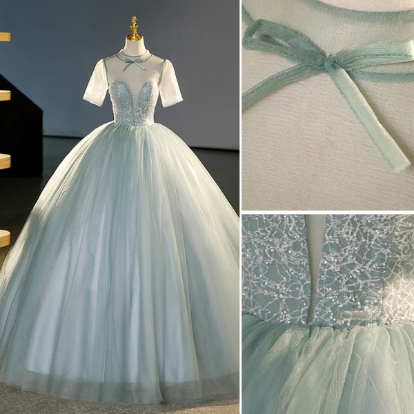 Élégant Vert Cendré Paillettes Robe De Bal 2023 Robe Boule Col Haut Manches Courtes Longue Promo Robe De Ceremonie