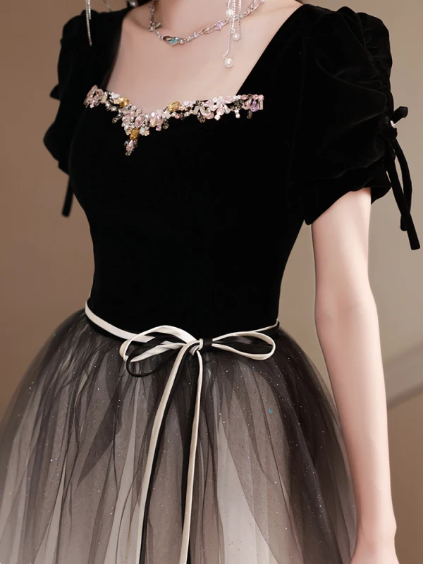 Fashion Black Rhinestone Prom Dresses 2024 A-Line / Princess Square Neckline Short Sleeve Backless Bow Sash Floor-Length / Long Prom Formal Dresses
