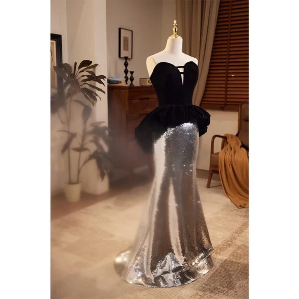 Sparkly Black Sequins Evening Dresses 2023 Trumpet / Mermaid Strapless Sleeveless Backless Floor-Length / Long Evening Party Formal Dresses
