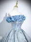 Elegant Sky Blue Printing Prom Dresses 2025 Ball Gown Off-The-Shoulder Short Sleeve Backless Floor-Length / Long Formal Dresses