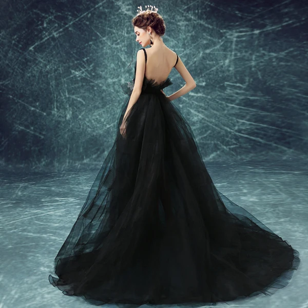 Glamorous Prom Dresses 2017 Deep V-neck Backless Black Tulle Dress