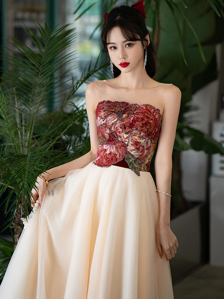 Chic Beautiful Champagne Embroidered Prom Dresses 2022 A Line Princess Strapless Sleeveless Backless Floor Length Long Formal Dresses Chic Beautiful Champagne Embroidered Prom Dresses 2022 A Line Princess Strapless Sleeveless Backless Floor Length Long Formal Dresses
