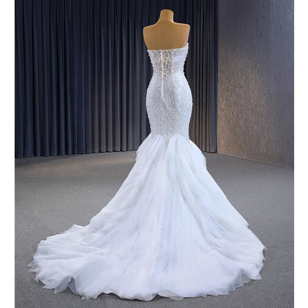Haut de Gamme Charmant Blanche Perlage Perle Paillettes Robe De Mariée 2023 Trompette / Sirène Bustier Sans Manches Dos Nu Train De Balayage Mariage