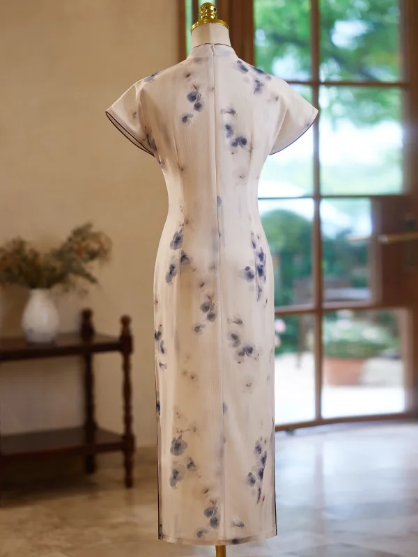 Chinese style Vintage / Retro Beige Printing Tea-length Cheongsam 2024 Trumpet / Mermaid High Neck Short Sleeve