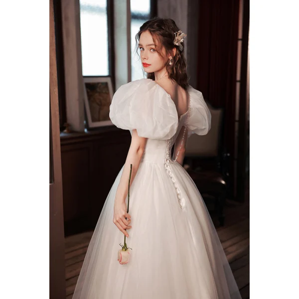 Illusion White Prom Dresses 2022 A-Line / Princess Square Neckline Bow Puffy Short Sleeve Backless Floor-Length / Long Prom Formal Dresses