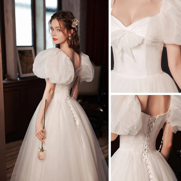 Illusion White Prom Dresses 2022 A-Line / Princess Square Neckline Bow Puffy Short Sleeve Backless Floor-Length / Long Prom Formal Dresses
