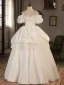 Vintage / Retro Ivory Cascading Ruffles Pearl Wedding Dresses 2024 Satin Ball Gown Spaghetti Straps Puffy Short Sleeve Backless Floor-Length / Long Wedding