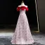 Chic / Beautiful Burgundy Printing Prom Dresses 2024 A-Line / Princess Off-The-Shoulder Bow Sleeveless Backless Floor-Length / Long Prom Formal Dresses