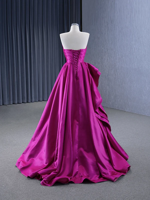High-end Fuchsia Cascading Ruffles Satin Prom Dresses 2024 A-Line / Princess Strapless Sleeveless Backless Floor-Length / Long Prom Formal Dresses