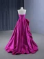 High-end Fuchsia Cascading Ruffles Satin Prom Dresses 2024 A-Line / Princess Strapless Sleeveless Backless Floor-Length / Long Prom Formal Dresses