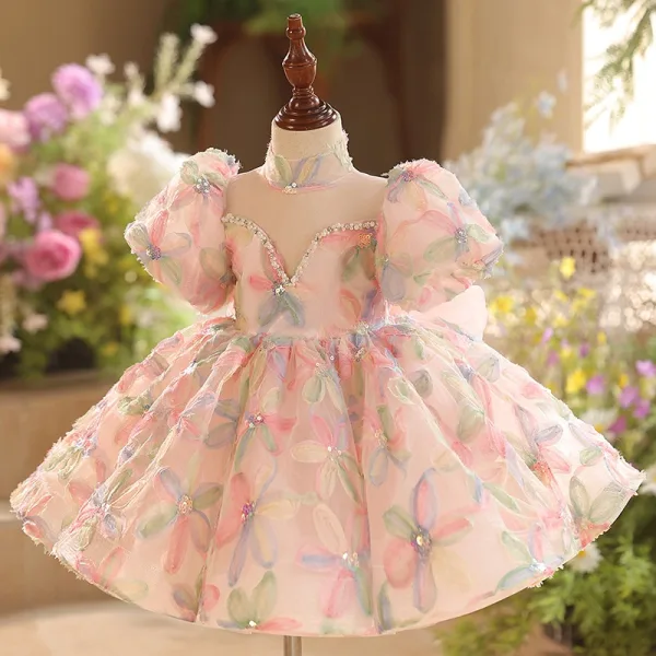 Chic / Beautiful Blushing Pink Beading Pearl Sequins Birthday Flower Girl Dresses 2025 Ball Gown High Neck Puffy Short Sleeve Bow Short
