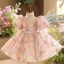 Chic / Beautiful Blushing Pink Beading Pearl Sequins Birthday Flower Girl Dresses 2025 Ball Gown High Neck Puffy Short Sleeve Bow Short
