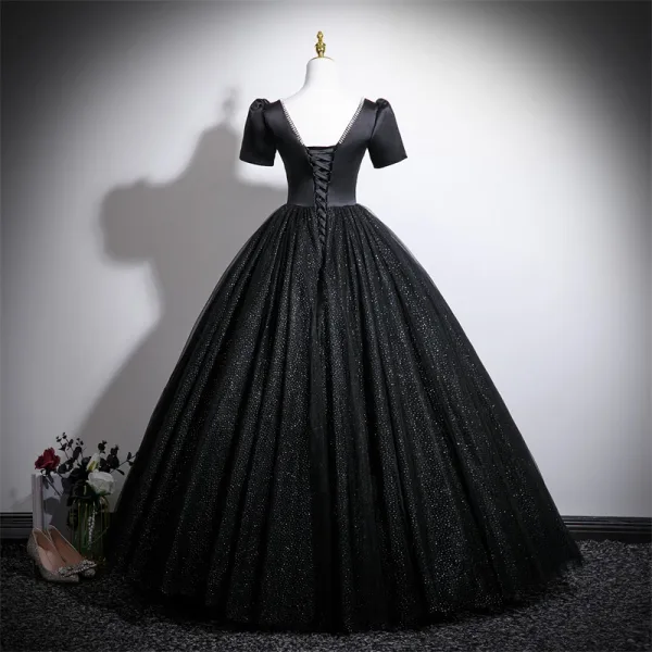Vintage / Retro Black Glitter Prom Dresses 2025 Ball Gown Square Neckline Bow Short Sleeve Backless Floor-Length / Long Formal Dresses