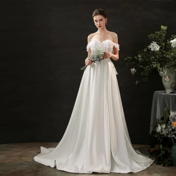 Fabulous Ivory Bow Flower Wedding Dresses 2021 Satin Sleeveless Off-The-Shoulder Outdoor / Garden Zipper Up Court Train A Line/ Princess Wedding Dresses