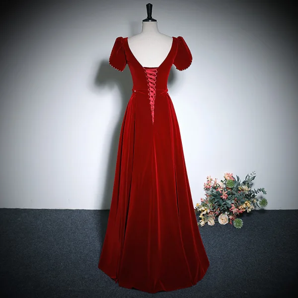 Elegant Burgundy Velvet Prom Dresses 2023 A-Line / Princess Square Neckline Short Sleeve Backless Floor-Length / Long Prom Formal Dresses