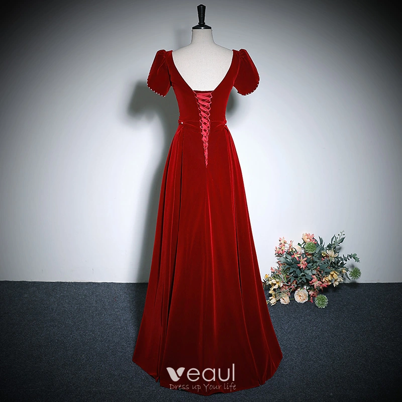 Elegant Burgundy Velvet Prom Dresses 2023 A-Line / Princess Square Neckline  Short Sleeve Backless Floor-Length / Long Prom Formal Dresses