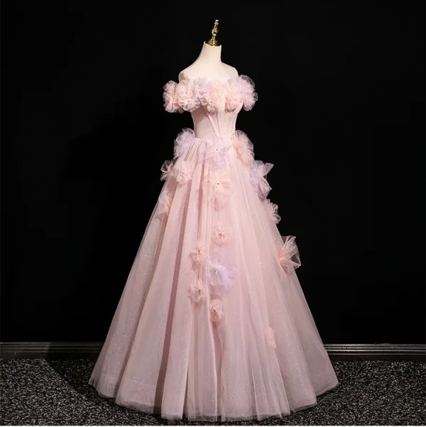 Chic / Beautiful Blushing Pink Appliques Pearl Prom Dresses 2025 A-Line / Princess Off-The-Shoulder Short Sleeve Backless Floor-Length / Long Prom Formal Dresses
